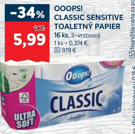 Oops! Classic Sensitive toaletný papier, 3-vrstvový