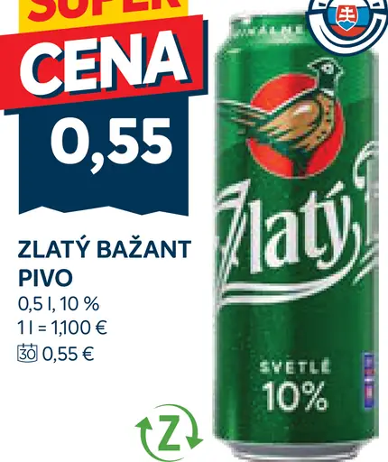 Zlatý Bažant 10% svetlé výčapné pivo