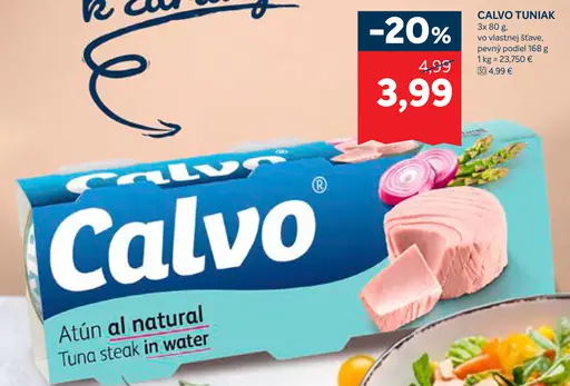 Calvo tuniak vo vlastnej šťave, pevný podiel 168 g (3 × 80 g)