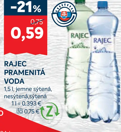 Rajec pramenitá voda sýtená, jemne sýtená, nesýtená, dojčenská