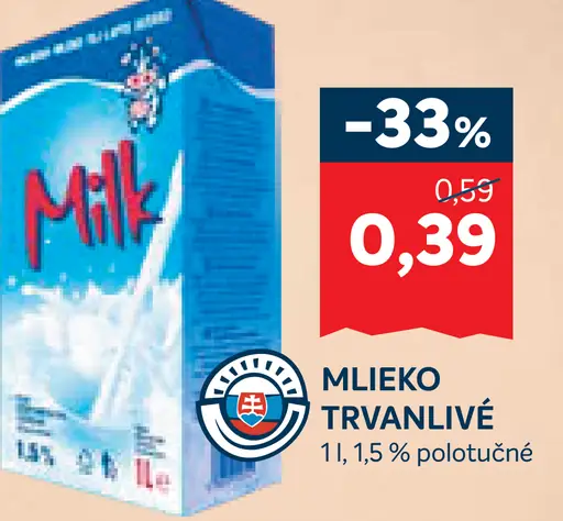 Mlieko trvanlivé 1,5 % polotučné