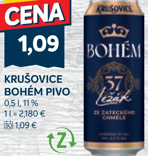 Krušovice Bohém pivo ležák plechovka