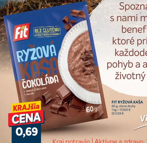 Fit ryžová kaša s príchuťou čokoláda, bez gluténu a bez laktózy