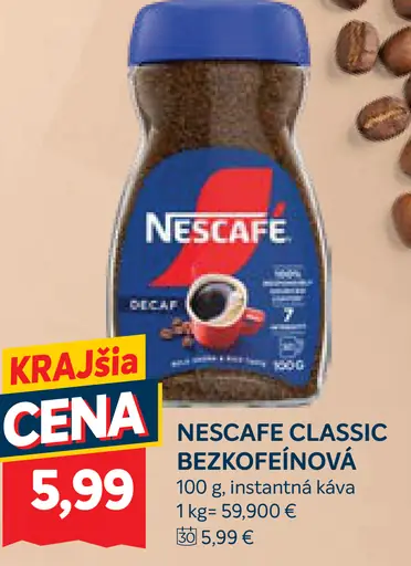 Nescafé Classic Decaf bezkofeínová instantná káva