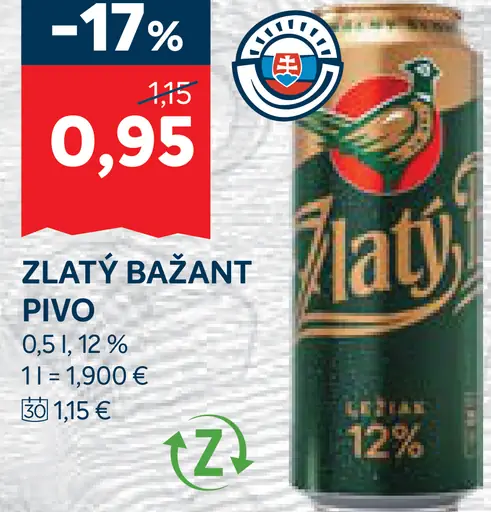 Zlatý Bažant Pivo plechovka