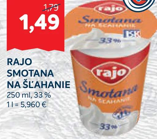 Rajo Smotana na šľahanie 33%
