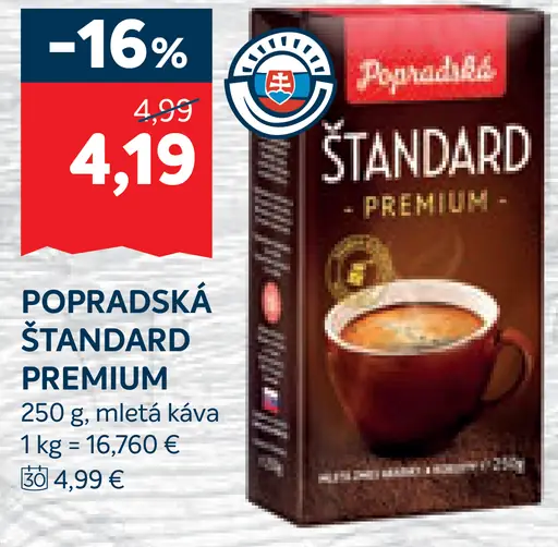 Popradská Štandard Premium pražená mletá káva