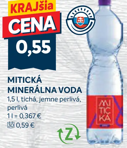 Mitická minerálna voda perlivá, jemne perlivá, tichá