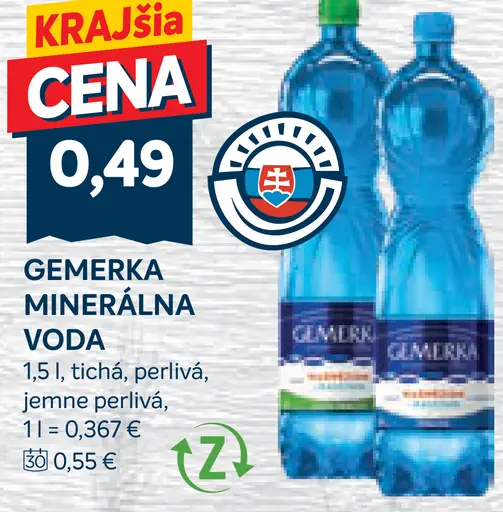 Gemerka minerálna voda tichá, perlivá a jemne perlivá