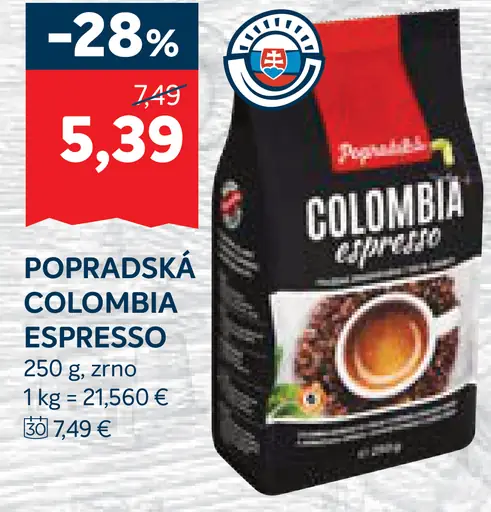 Popradská Colombia Espresso pražená zrnková káva
