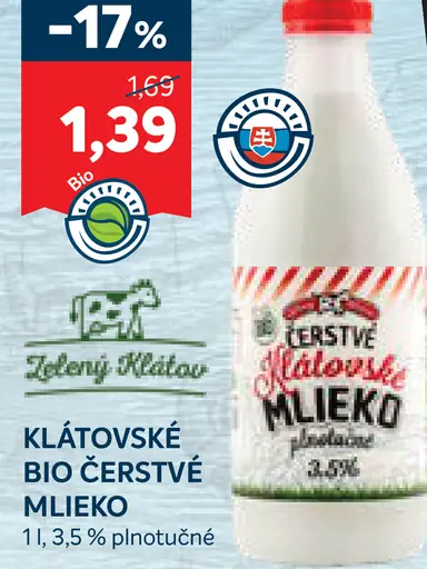 Klátovské bio čerstvé mlieko plnotučné 3.5%