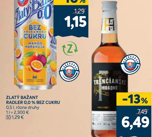 Zlatý Bažant radler 0,0 % bez pridaného cukru plechovka