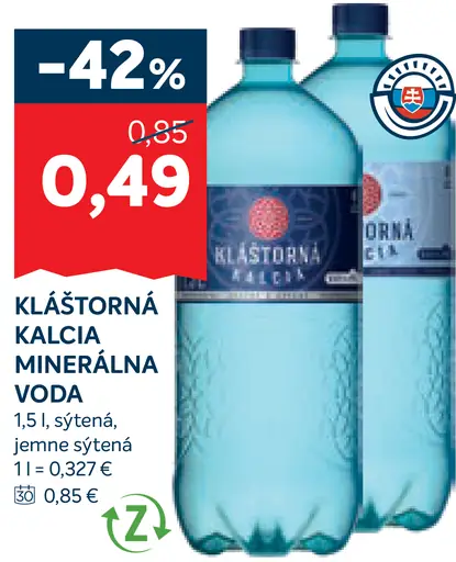 Kláštorná Kalcia minerálna voda sýtená