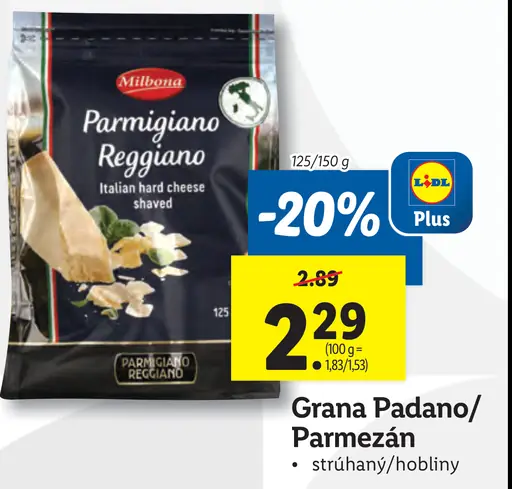 Milbona Grana Padano/Parmezán strúhaný/hobliny