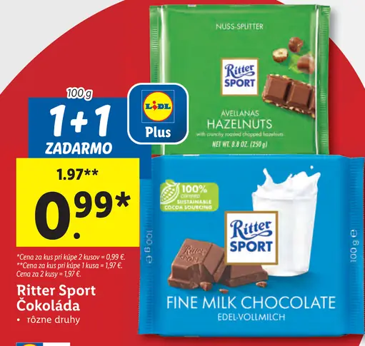 Ritter Sport Čokoláda jemná mliečna čokoláda rôzne druhy