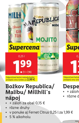 Božkov Republica, Malibu, Millhill nápoj