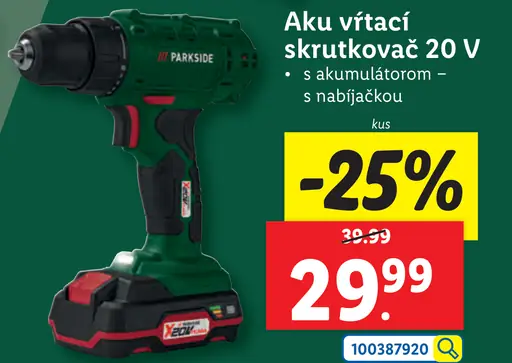 Parkside Aku vŕtací skrutkovač 20 V