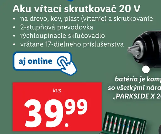 Parkside Aku vŕtací skrutkovač 20 V