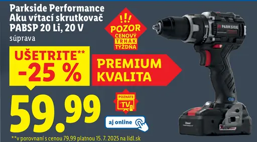 Parkside Performance Aku vŕtač skrutkovač PABSP 20 Li