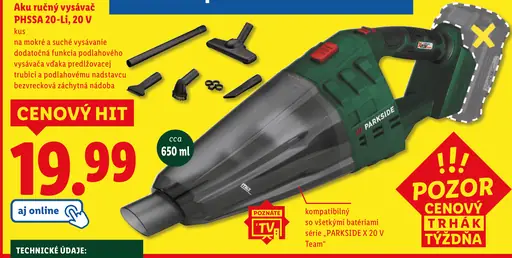 Parkside aku ručný vysávač PHSSA 20-Li