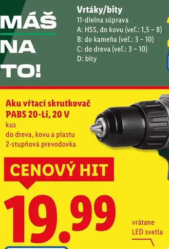 Parkside Aku vŕtací skrutkovač PABS 20-Li