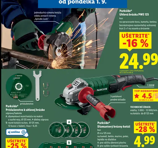 Parkside Uhlová brúska PWS 125 18 D