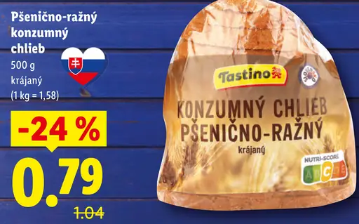 Tastino Konzumný chlieb pšenično-ražný krájaný
