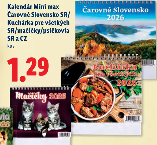 Kalendár Mini max Čarovné Slovensko SR/Kuchárka pre všetkých SR/mačičky/psíčkovia SR a CZ