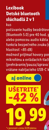 Lexibook Detské bluetooth slúchadlá 2 v 1
