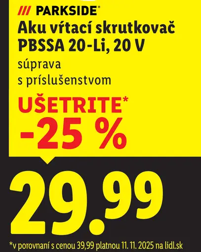 Parkside Aku vŕtací skrutkovač PBSSA 20-Li, 20 V