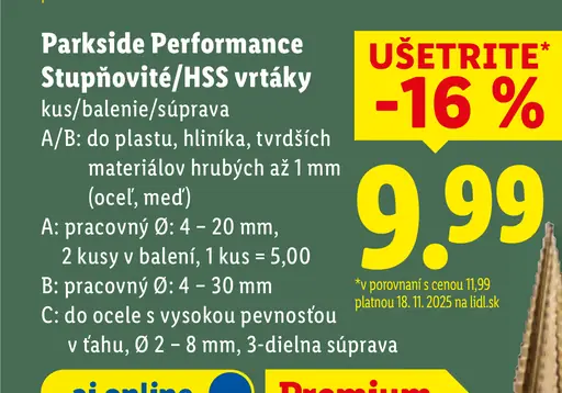 Parkside Performance Stupňovité/HSS vrtáky