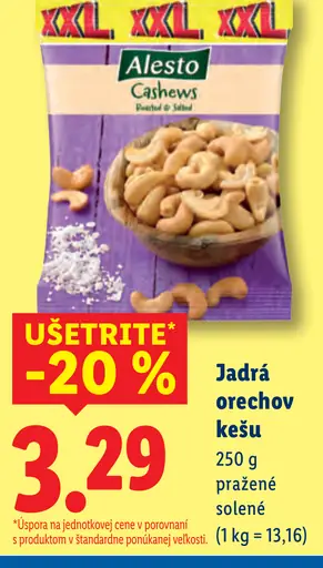 Alesto jadrá orechov kešu pražené solené