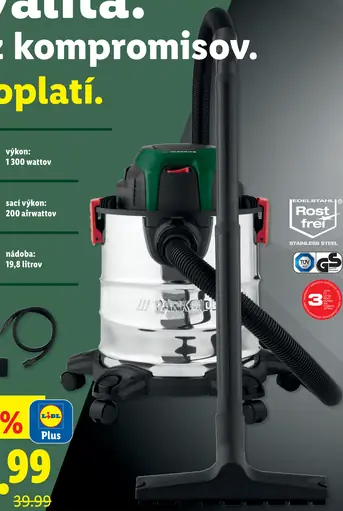 Parkside priemyselný vysávač z nehrdzavejúcej ocele