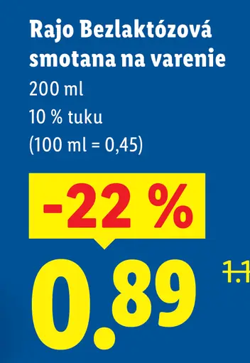 Rajo Bezlaktózová smotana na varenie 10 % tuku