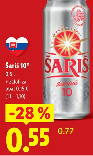 Šariš 10° pivo plechovka