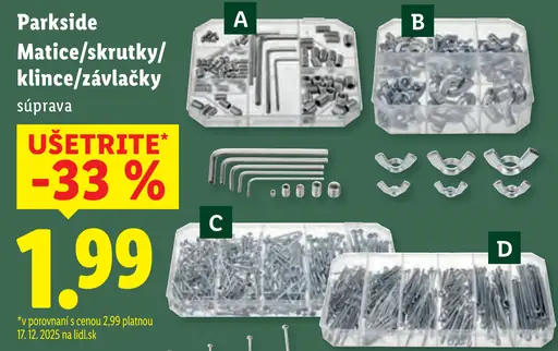 Parkside Matice / skrutky / klince / závlačky súprava