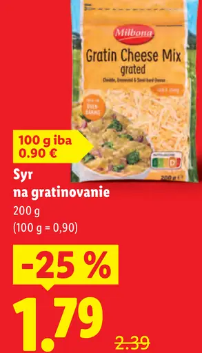 Milbona Gratin Cheese Mix strúhaný syr na gratinovanie