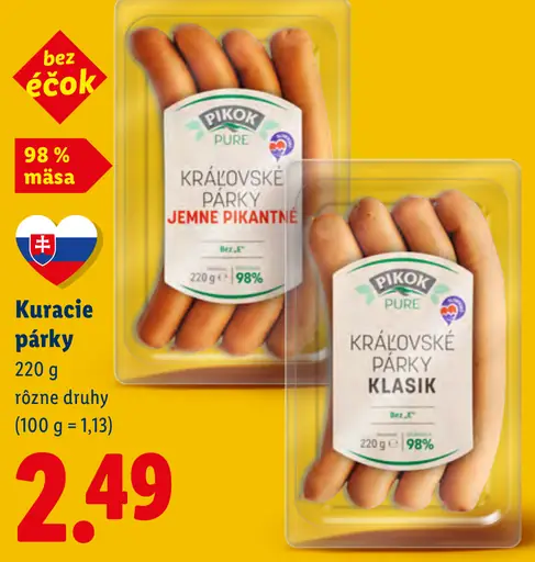 Pikok Pure kráľovské kuracie párky jemne pikantné