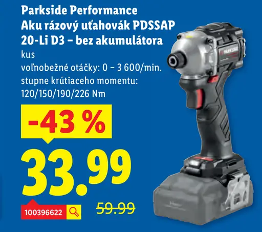Parkside Performance aku rázový uťahovák PDSSAP 20-Li D3 – bez akumulátora