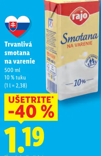 Rajo Bezlaktózová smotana na varenie 10 % tuku