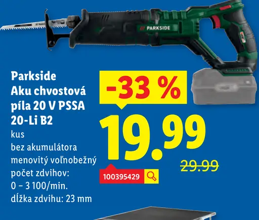 Parkside aku chvostová píla 20 V PSSA 20-Li B2