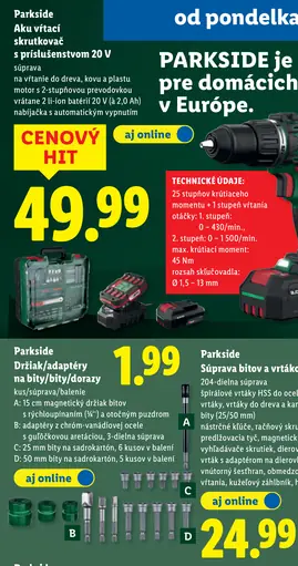 Parkside aku vŕtací skrutkovač 20 V súprava