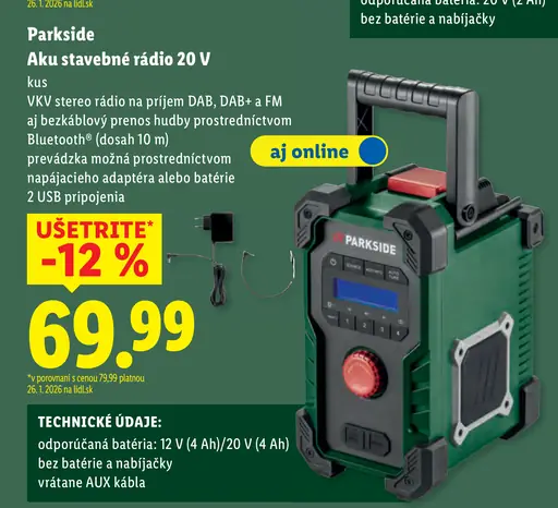 Parkside Aku stavebné rádio 20 V