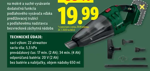 Parkside aku ručný vysávač 20 V