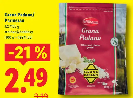 Milbona Grana Padano strúhaný/parmezán hoblinky