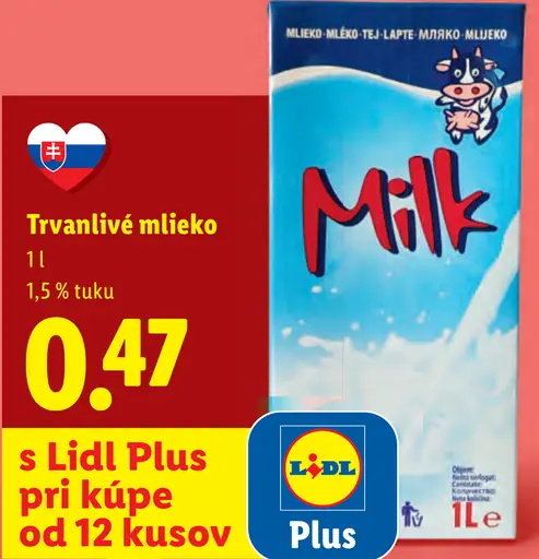 Milk trvanlivé mlieko 1,5 % tuku (s Lidl Plus pri kúpe od 12 kusov)