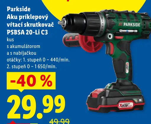 Parkside Aku príklepový vŕtací skrutkovač PSBSA 20-Li C3