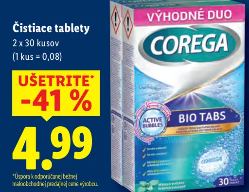 Corega čistiace tablety na zubné náhrady Bio Tabs Výhodné Duo