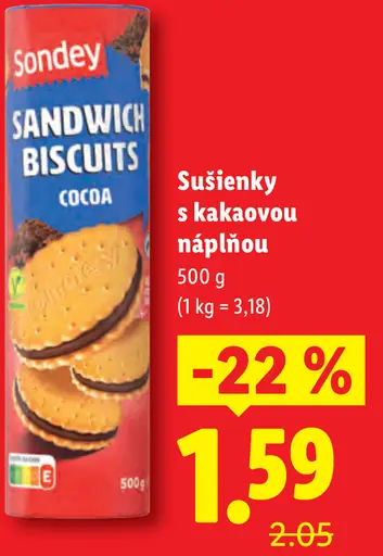 Sondey Sandwich Biscuits cocoa, sušienky s kakaovou náplňou