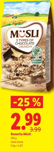 Bonavita müsli 3 types of chocolate crunchy celozrnné